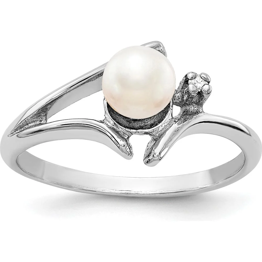 14K White Gold Freshwater Cultured Pearl and Round Diamond Ring with Rhodium Plating - 0.01 Carat Diamond Weight - Size 6 by Monteluci Fine Jewelry