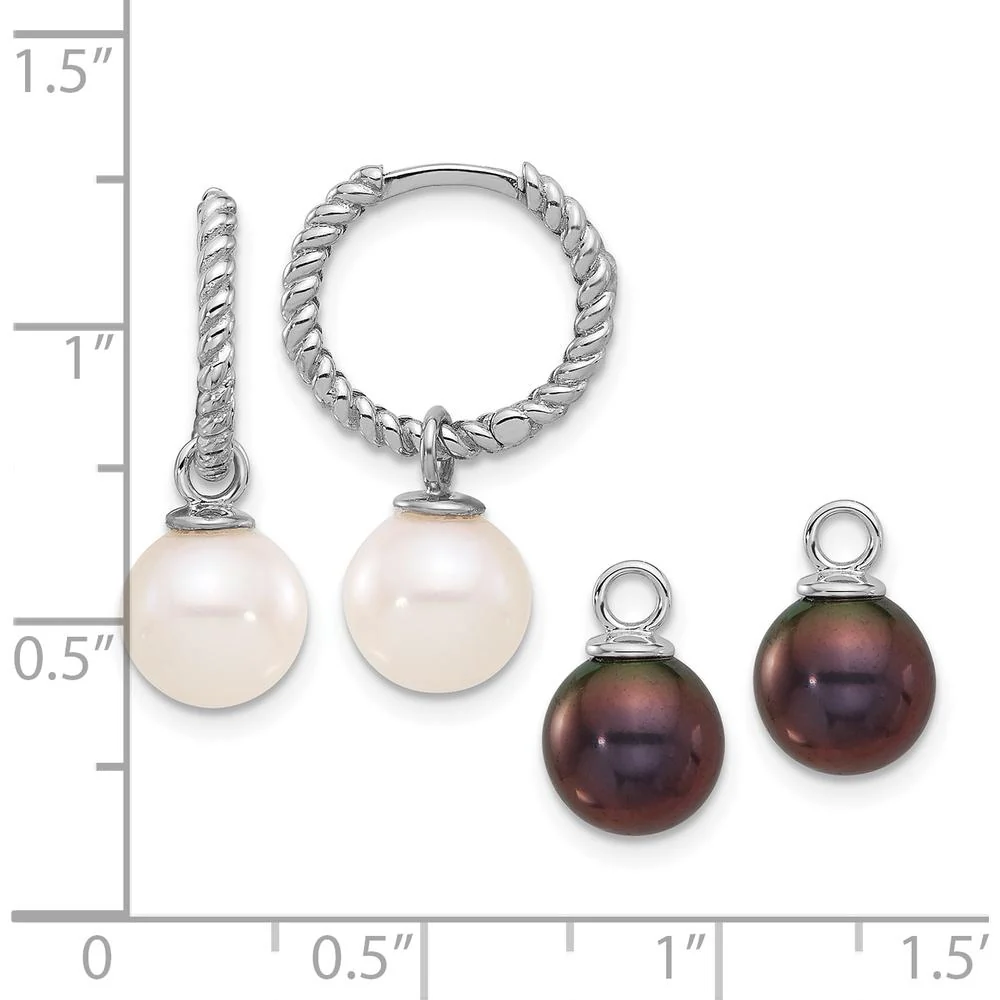 14K White Gold Freshwater Cultured Pearl Removable Dangle Hoop Earrings with Black and White Pearls - 7-8mm Total Gem Weight by Monteluci Fine Jewelry - Image 8