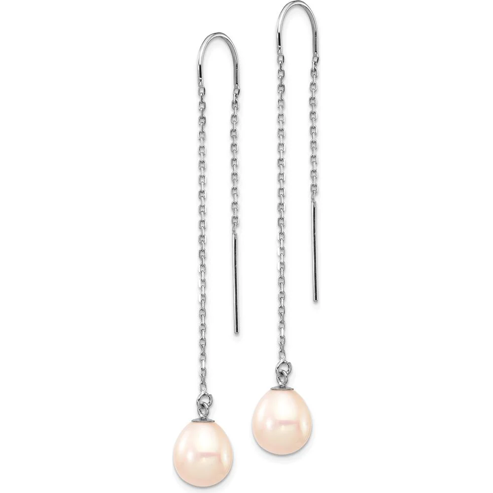 14K White Gold Freshwater Cultured Teardrop Pearl Threader Earrings - 7-8mm by Monteluci Fine Jewelry - Image 2