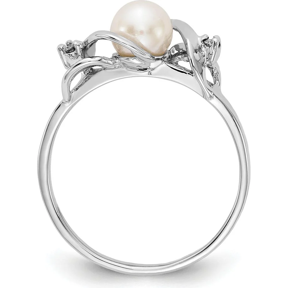 14K White Gold Freshwater Pearl and Diamond Ring with Rhodium Plating - Size 6 by Monteluci Fine Jewelry - Image 2