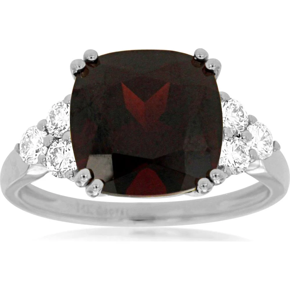 14K White Gold Garnet and Diamond Ring with Cushion Cut Garnet - 5.05 Carats Total Gem Weight - Royal Jewelry