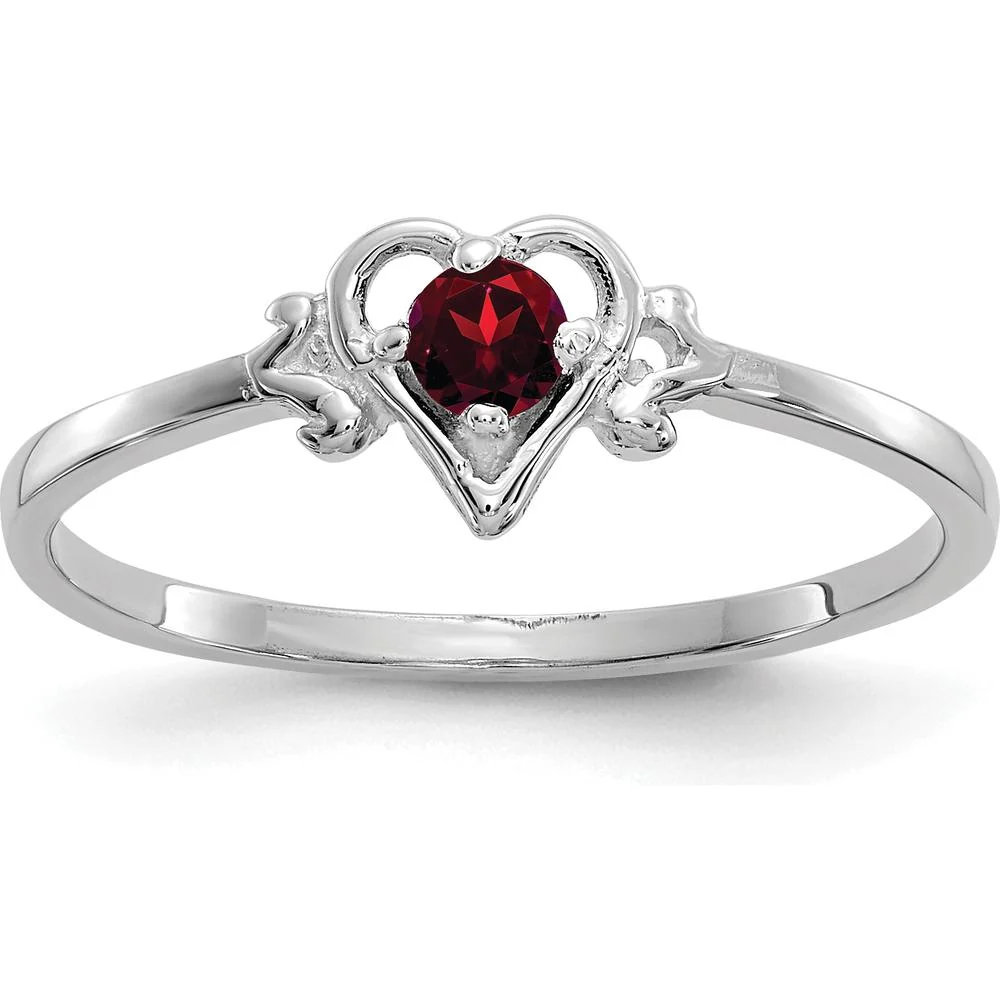 14K White Gold Garnet Heart Birthstone Ring - 0.13 Carat Natural Round Garnet - Size 7 by Oro Pregiato