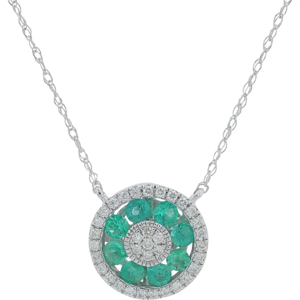 14K White Gold Gemstone Halo Necklace with Emeralds and Diamonds - 0.30 Carat to 0.50 Carat Total Emerald Weight, 0.15 Carat Total Diamond Weight