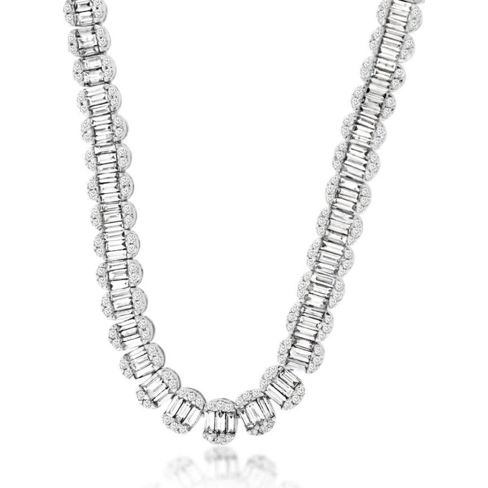 14K White Gold Graduating Tennis Necklace with Baguette and Round Diamonds - 8.50 Carat Total Diamond Weight - Royal Jewelry