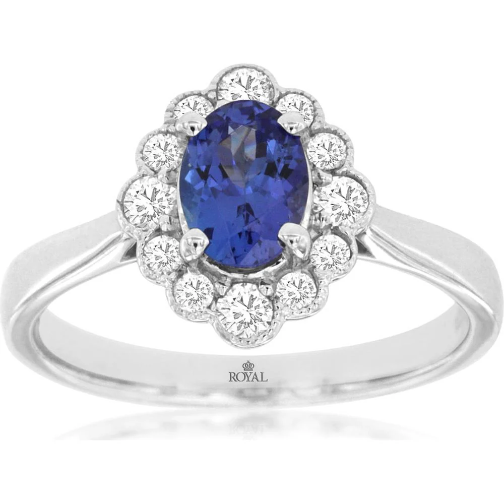 14K White Gold Halo Ring with 0.84 Carat Oval Tanzanite and 0.35 Carat Round Diamond Scalloped Setting - Royal Jewelry
