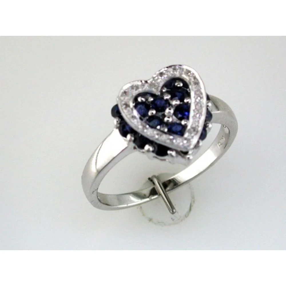 14K White Gold Heart Ring with 0.95 Carat Round Sapphire Cluster and 0.06 Carat Diamond Halo - Royal Jewelry