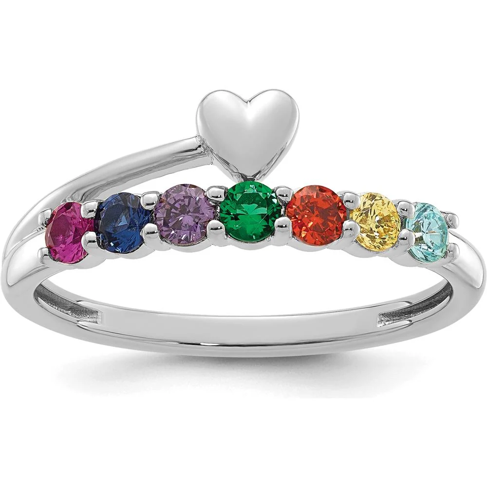 14K White Gold Heart Ring with 7 Birthstones - Customizable Mother's Ring - Size 7 by Oro Pregiato - Image 2