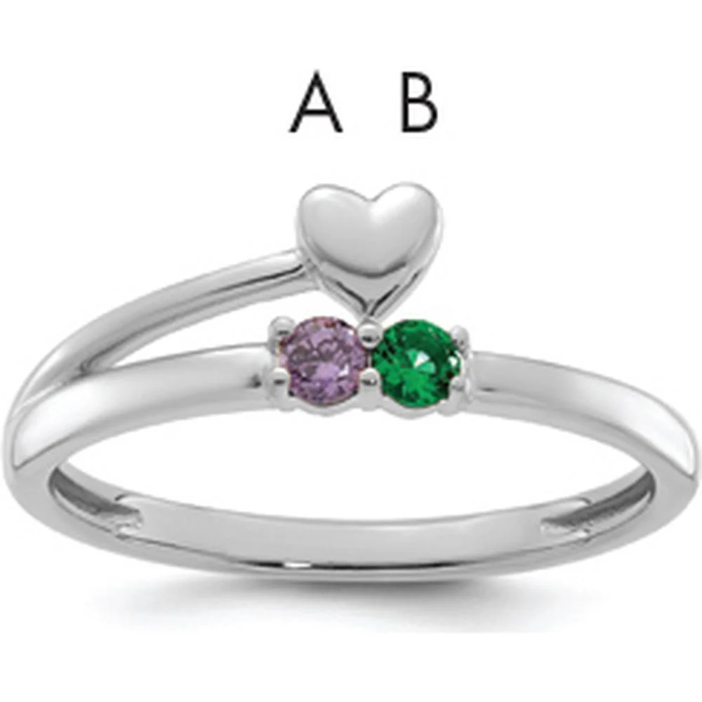 14K White Gold Heart Ring with Amethyst and Emerald Birthstones for Mothers - Size 7 by Oro Pregiato