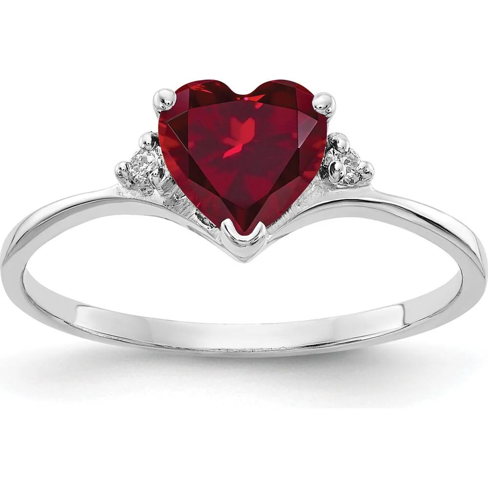 14K White Gold Heart-Shaped Lab Created Ruby and Diamond Ring with 6mm Ruby and 0.03 Carat Total Diamond Weight - Size 6 by Monteluci Fine Jewelry