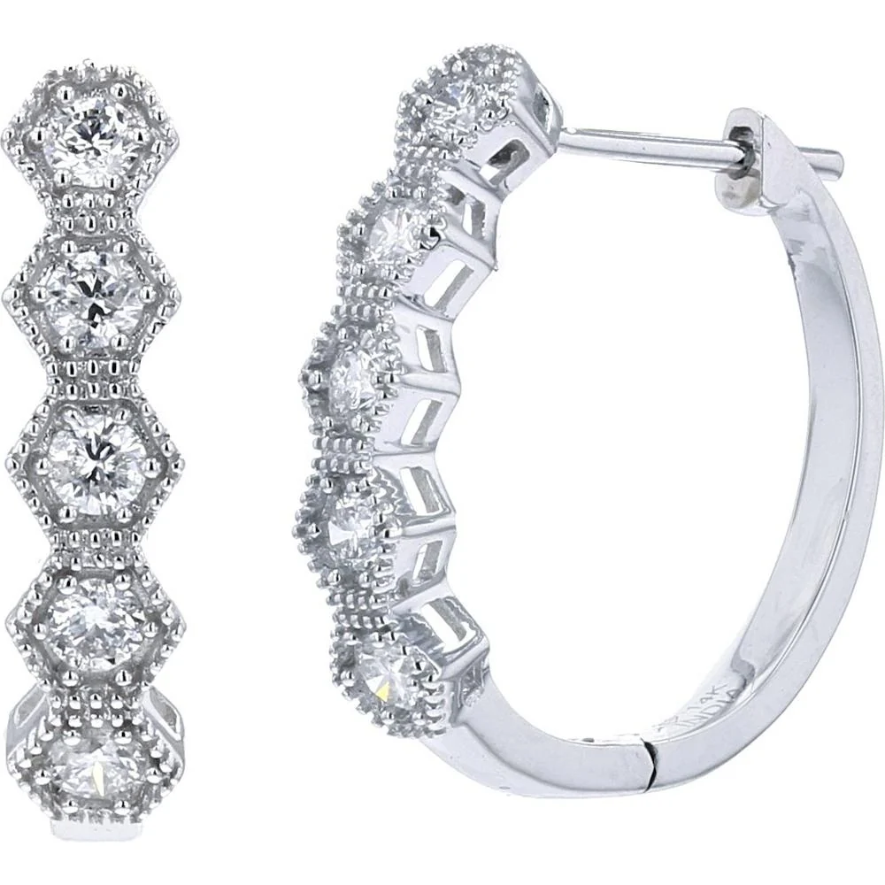14K White Gold Hexagon Diamond Hoop Earrings - 0.50 Carat Total Diamond Weight