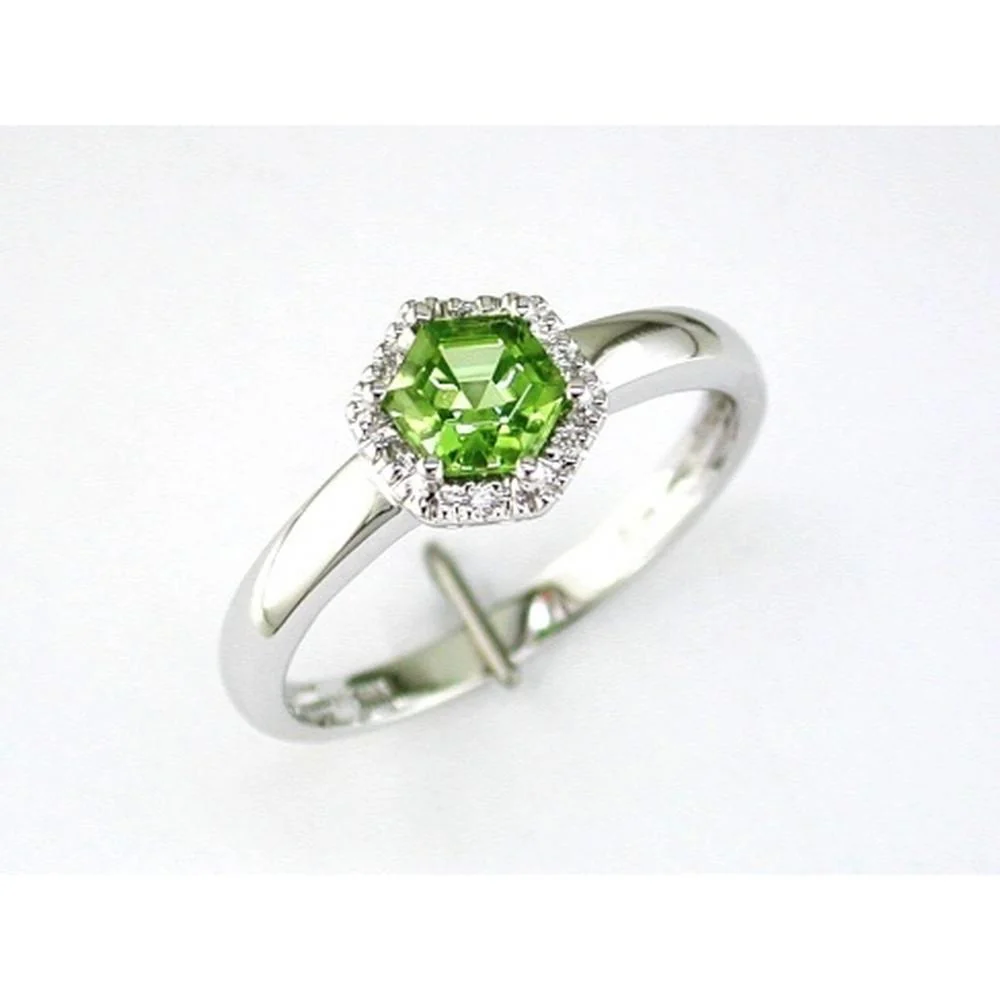 14K White Gold Hexagon Halo Ring with 0.60 Carats Peridot and 0.03 Carats Round Diamonds - Royal Jewelry