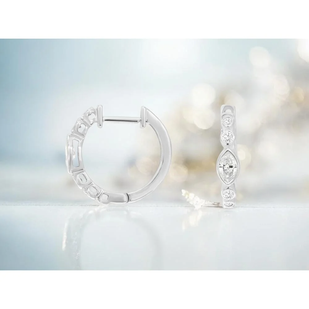 14K White Gold Huggie Earrings with Marquise and Round Diamonds - 0.47 Carat Total Diamond Weight - Royal Jewelry - Image 2