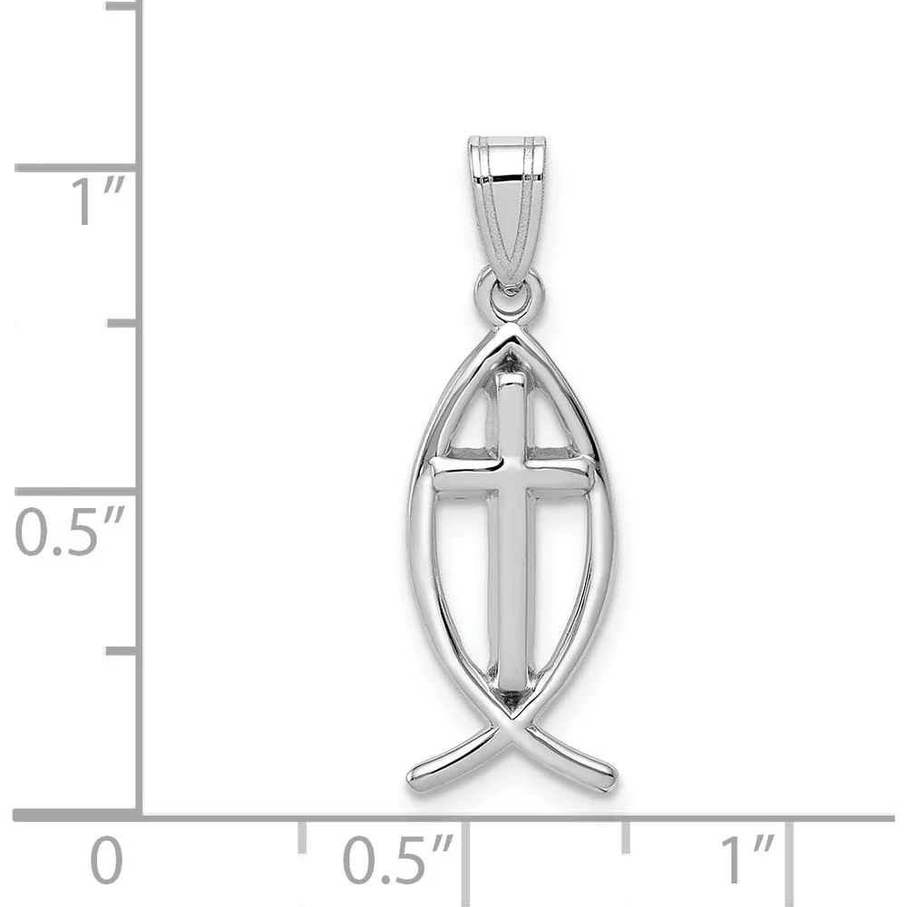 14K White Gold Ichthus Fish Cross Pendant with Rhodium Plating - 26mm Length, 9mm Width by Oro Pregiato - Image 3