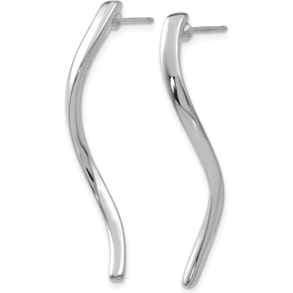 14K White Gold Long Curled Post Earrings with Polished Finish and Rhodium Plating by Oro Pregiato - Image 2