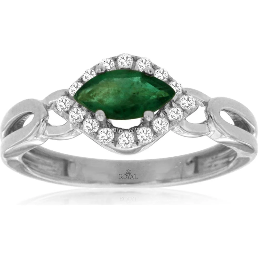 14K White Gold Marquise Cut Emerald and Diamond Halo Ring - 0.52 Carat Emerald, 0.16 Carat Total Diamond Weight - Royal Jewelry