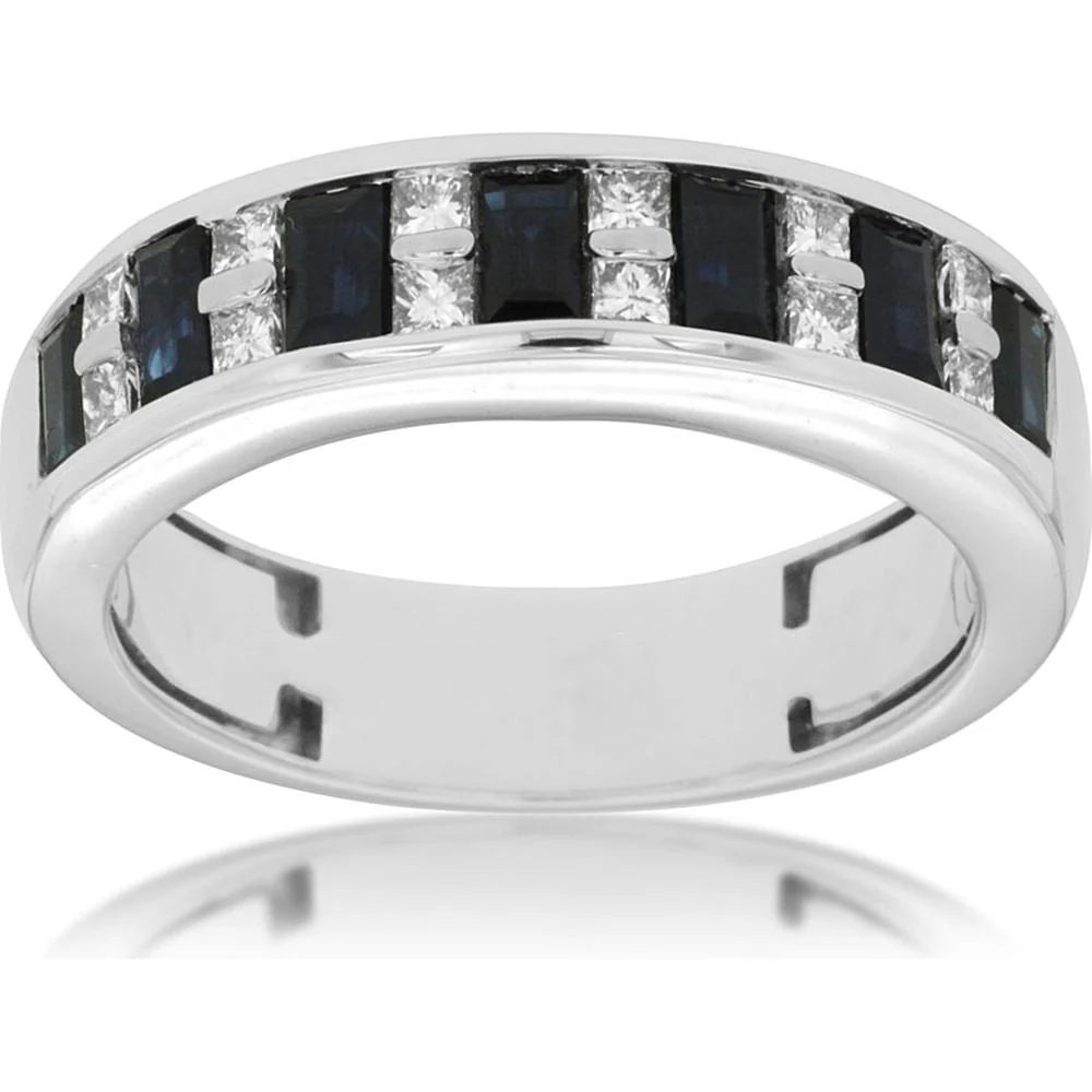 14K White Gold Men's Diamond Sapphire Band with Baguette Sapphires - 1.62 Carats Total Sapphire and Diamond Weight - Royal Jewelry