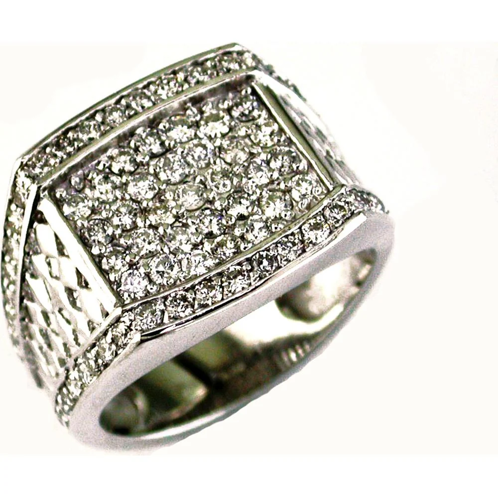 14K White Gold Men's Geometric Ring with Invisible Set Princess Cut Diamonds - 2.28 Carat Total Diamond Weight - Royal Jewelry