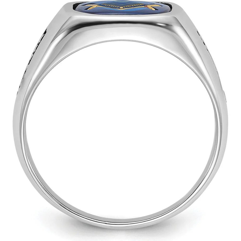 14K White Gold Men's Masonic Ring with Black Enamel and Cushion-Cut Imitation Blue Spinel - Grooved Band - Size 9 by IBGoodman - Image 2