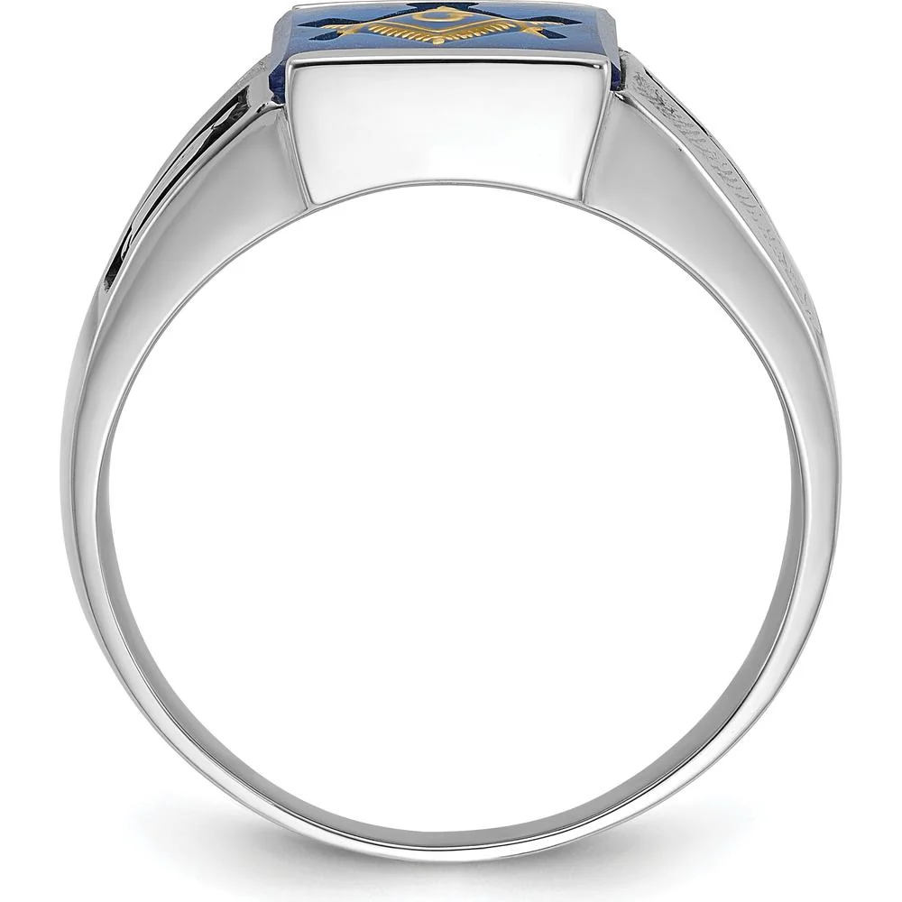 14K White Gold Men's Masonic Ring with Cushion-Cut Blue Imitation Spinel and Black Enamel Detailing - Size 10 by Monteluci Fine Jewelry - Image 2