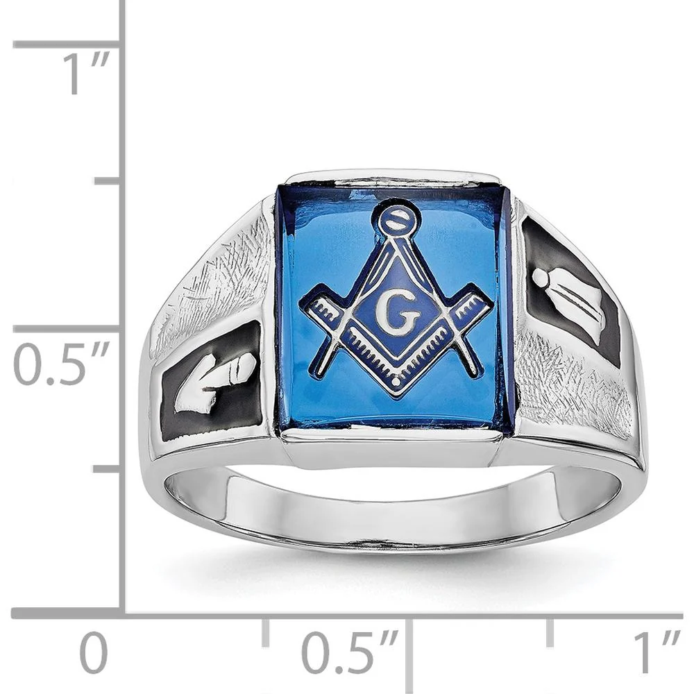 14K White Gold Men's Masonic Ring with Cushion-Cut Blue Imitation Spinel and Black Enamel Detailing - Size 10 by Monteluci Fine Jewelry - Image 6
