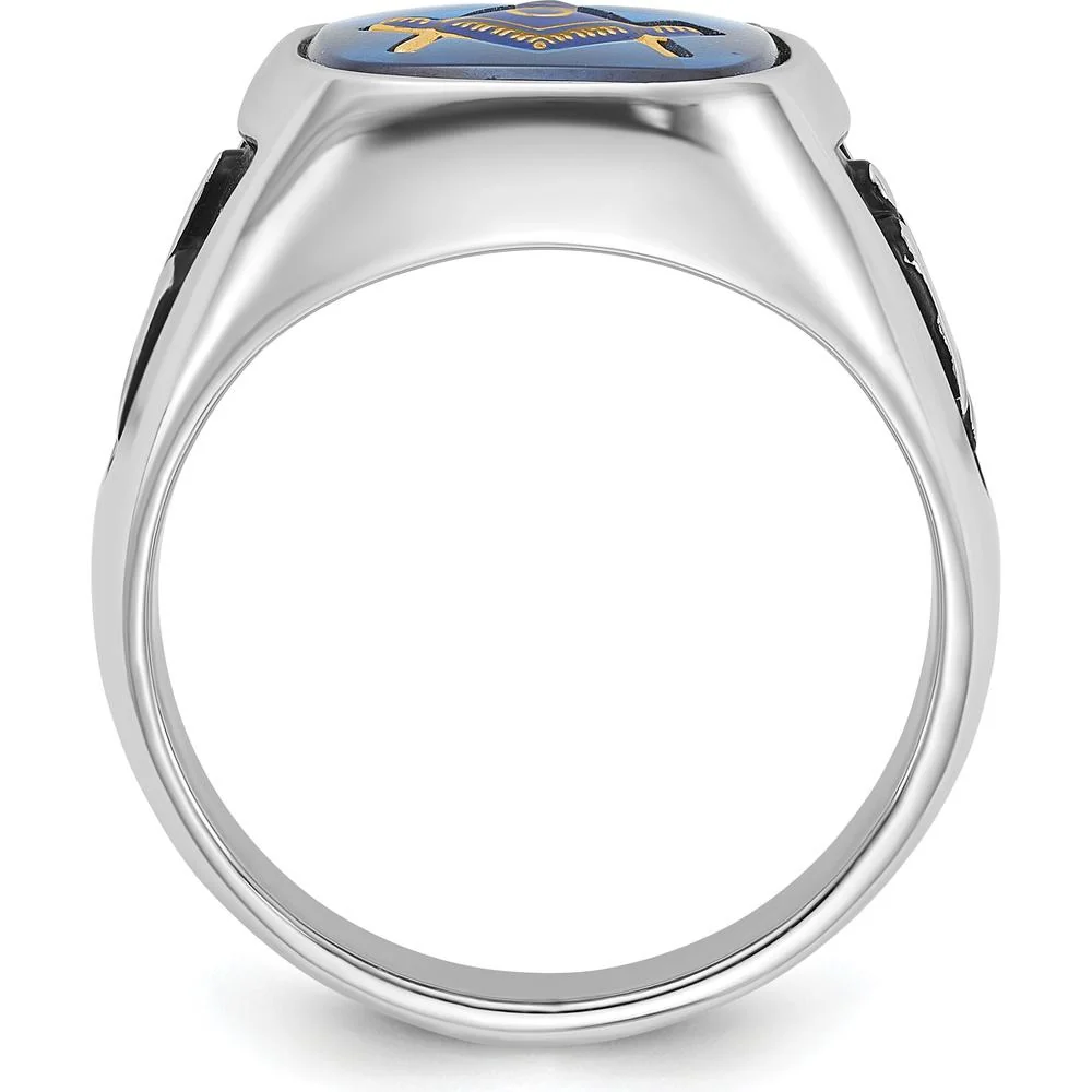 14K White Gold Men's Masonic Ring with Imitation Blue Spinel and Black Enamel - Cushion Cut Spinel - Size 10 by IBGoodman - Image 2