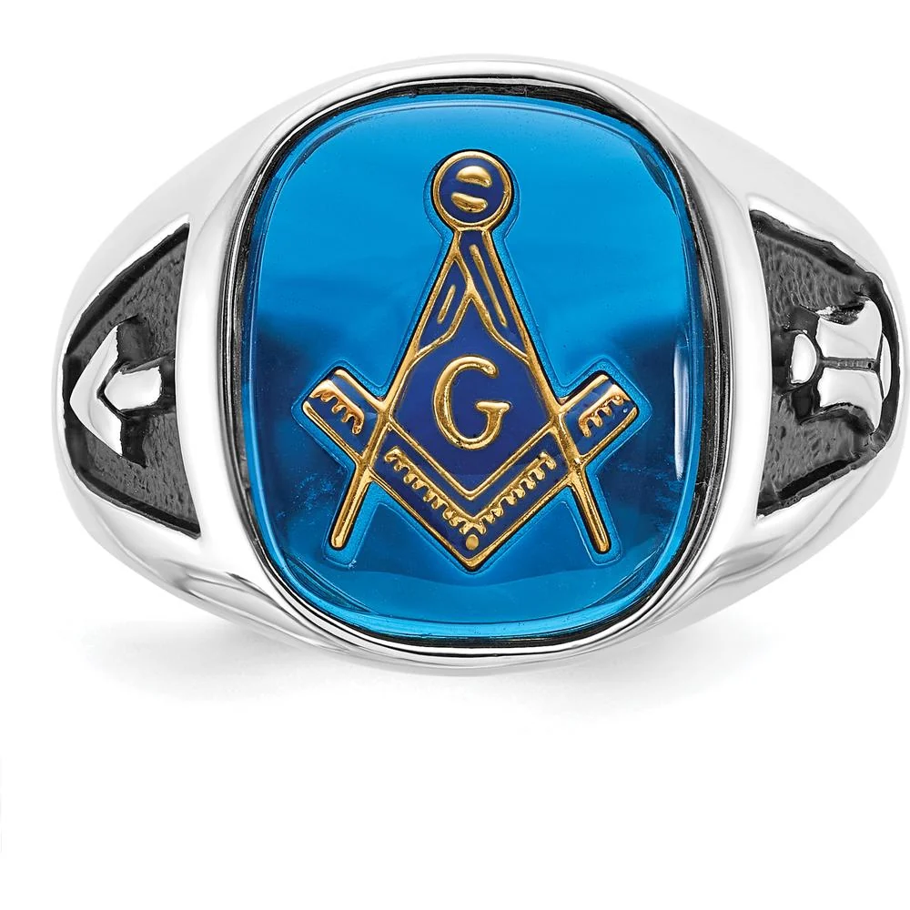14K White Gold Men's Masonic Ring with Imitation Blue Spinel and Black Enamel - Cushion Cut Spinel - Size 10 by IBGoodman - Image 4