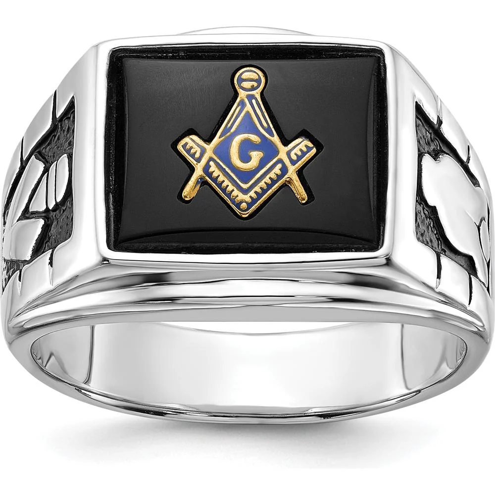 14K White Gold Men's Masonic Ring with Polished and Textured Black Enamel and Onyx - Cushion Cut, 12x10mm - Size 10 by IBGoodman