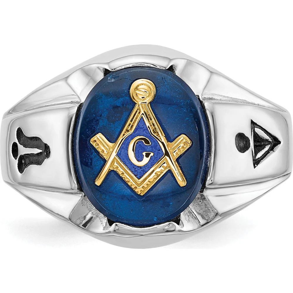 14K White Gold Men's Polished and Antiqued Masonic Ring with Oval Blue Lab-Created Spinel - 12x10mm - Size 10 by IBGoodman - Image 4