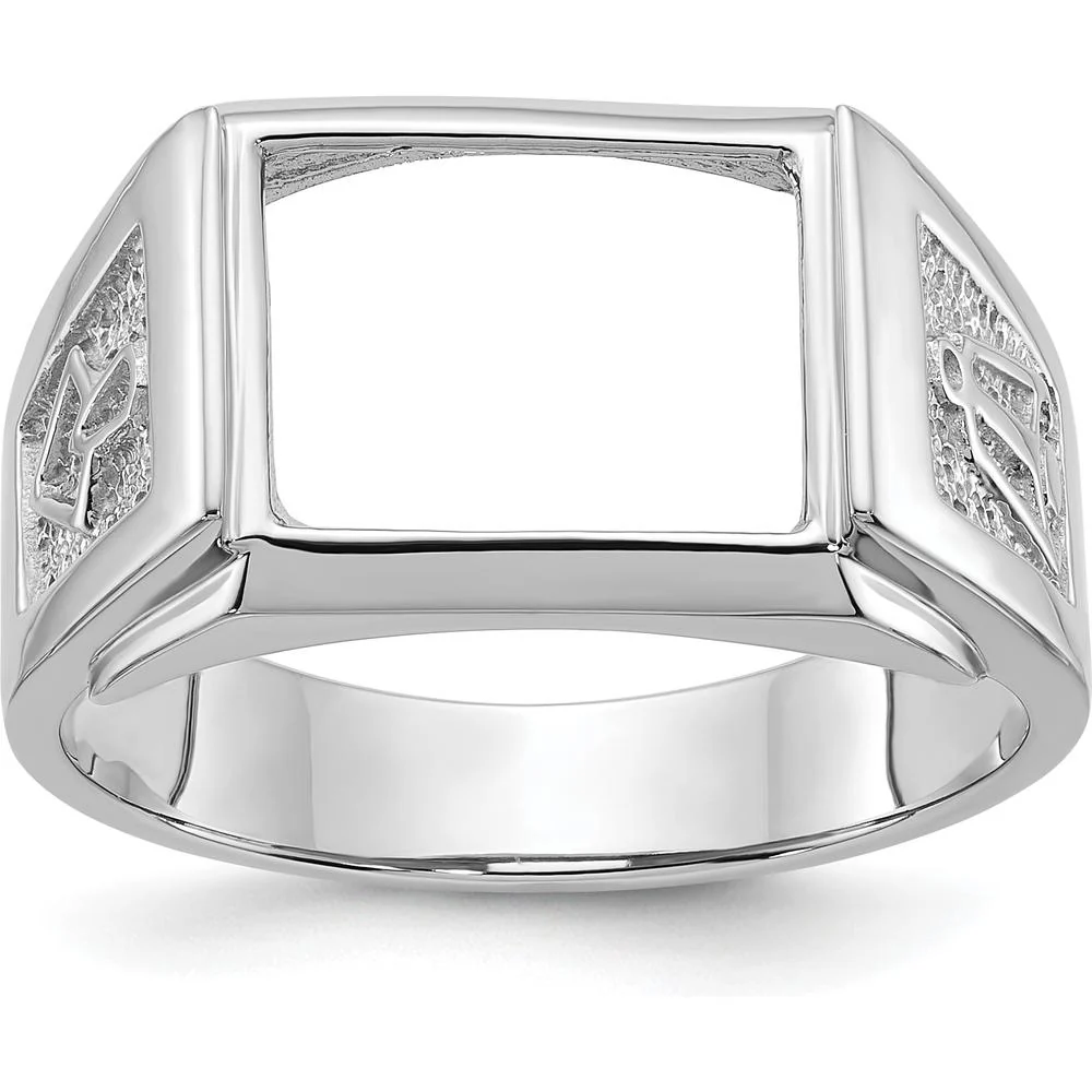14K White Gold Men's Polished and Textured Masonic Ring Mounting for 12x10mm Rectangular Stone - Size 10 by IBGoodman