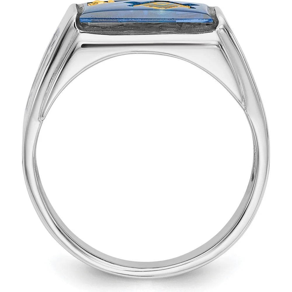 14K White Gold Men's Polished and Textured Masonic Ring with Diamond and Imitation Blue Spinel - 0.01 Carat Total Diamond Weight - Size 10 by IBGoodman - Image 2