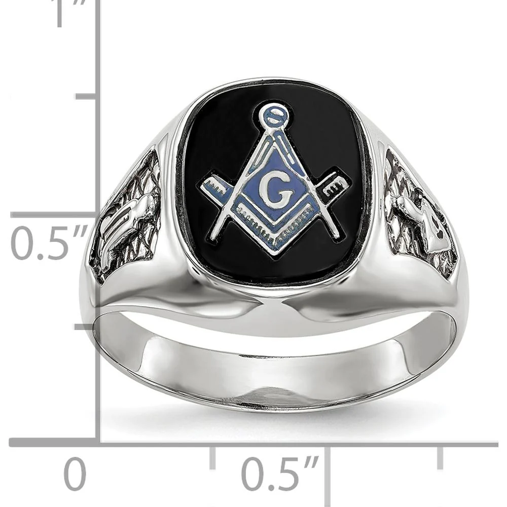 14K White Gold Men's Polished and Textured Masonic Ring with Natural Cushion Cut Black Onyx Stone - Size 10 by IBGoodman - Image 8