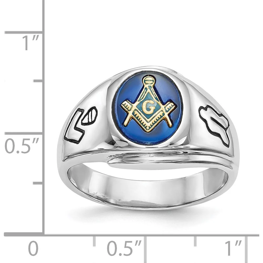 14K White Gold Men's Polished Masonic Ring with Imitation Blue Spinel - 10x8mm Oval Stone - Size 10 by Monteluci Fine Jewelry - Image 3