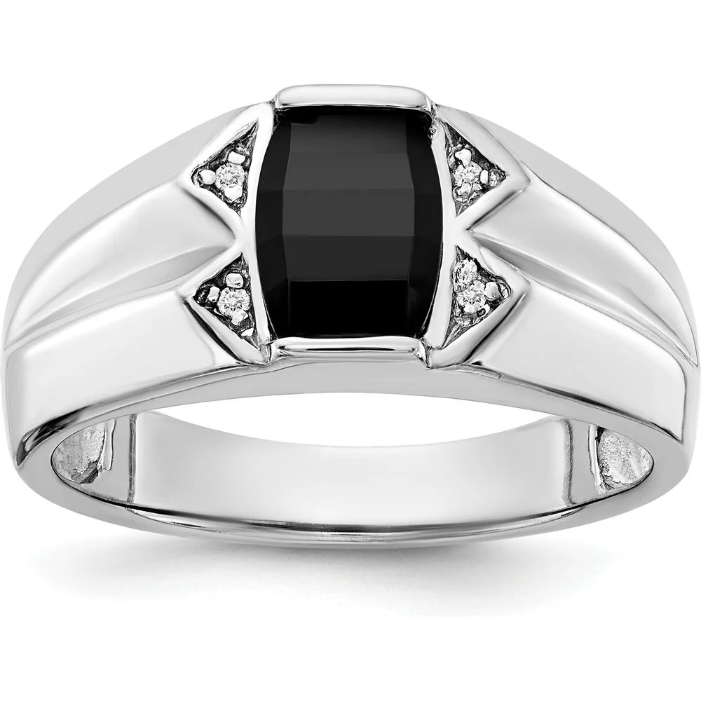 14K White Gold Men's Ring with Round Diamonds and Onyx Centerpiece - 0.004 Carat Diamond Weight - Size 10 by Monteluci Fine Jewelry