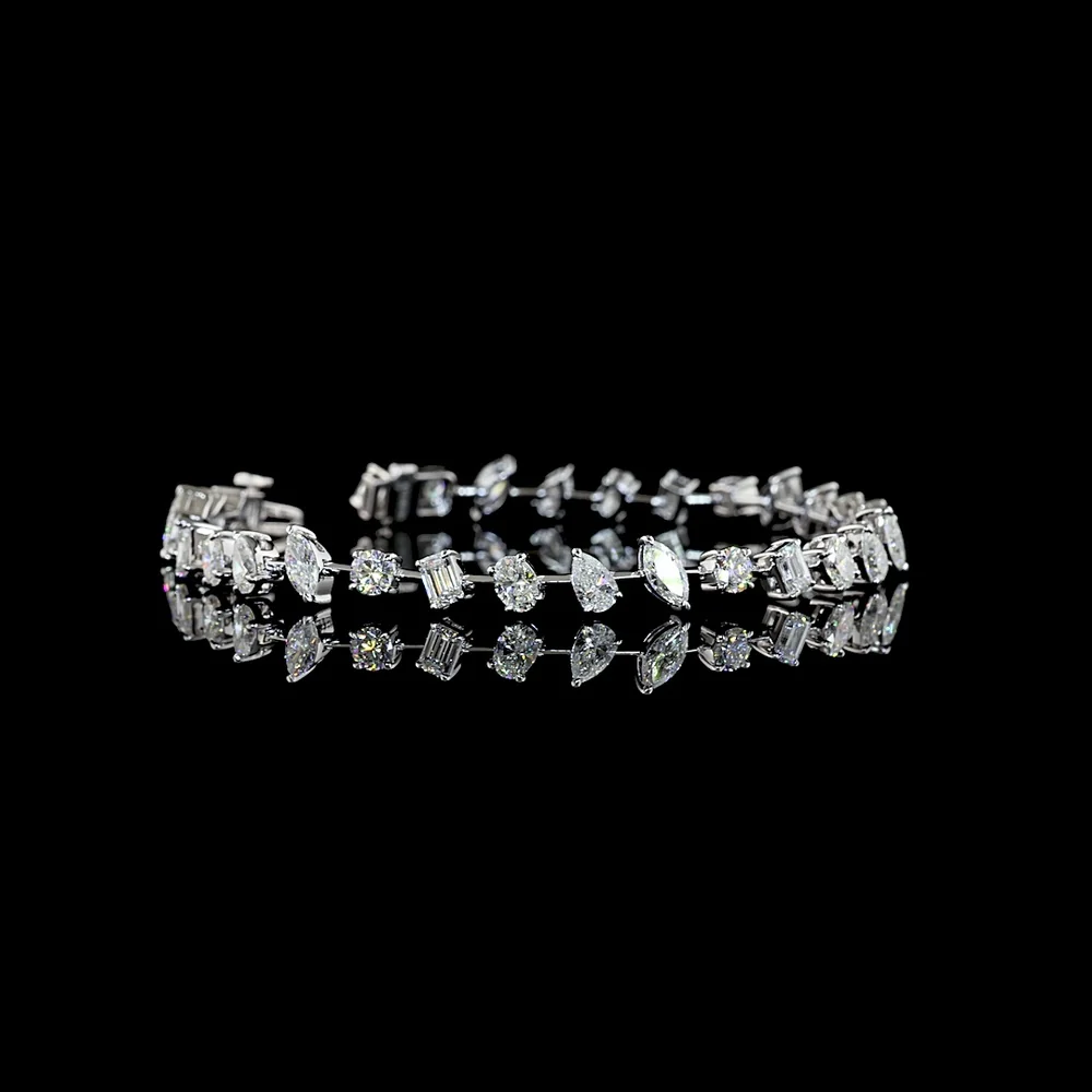 14K White Gold Mixed Shape Station Bracelet with Oval, Pear, Marquise, and Emerald Cut Lab Diamonds - 6.19 Carats Total Diamond Weight - Covaloro Fine Jewelry