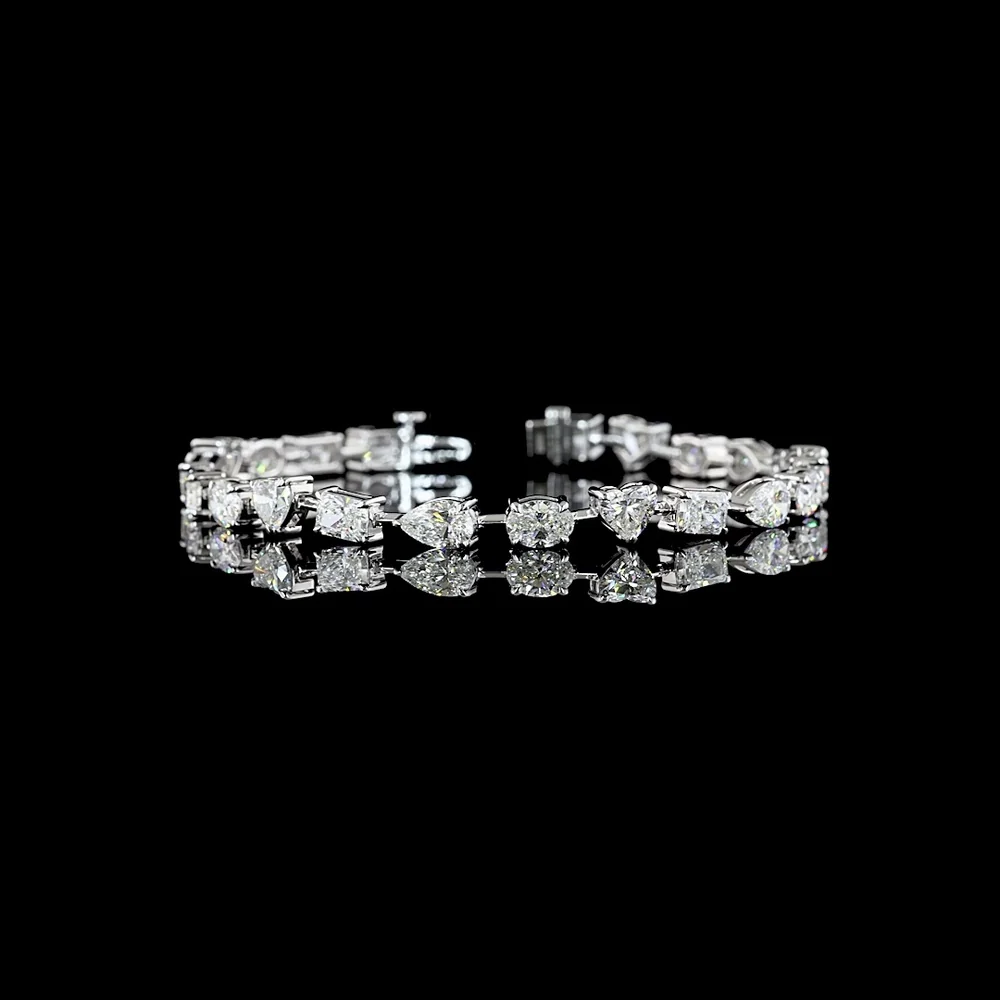 14K White Gold Mixed Shape Station Bracelet with Pear, Oval, and Radiant Cut Lab Diamonds - 10.97 Carat Total Diamond Weight - Covaloro Fine Jewelry