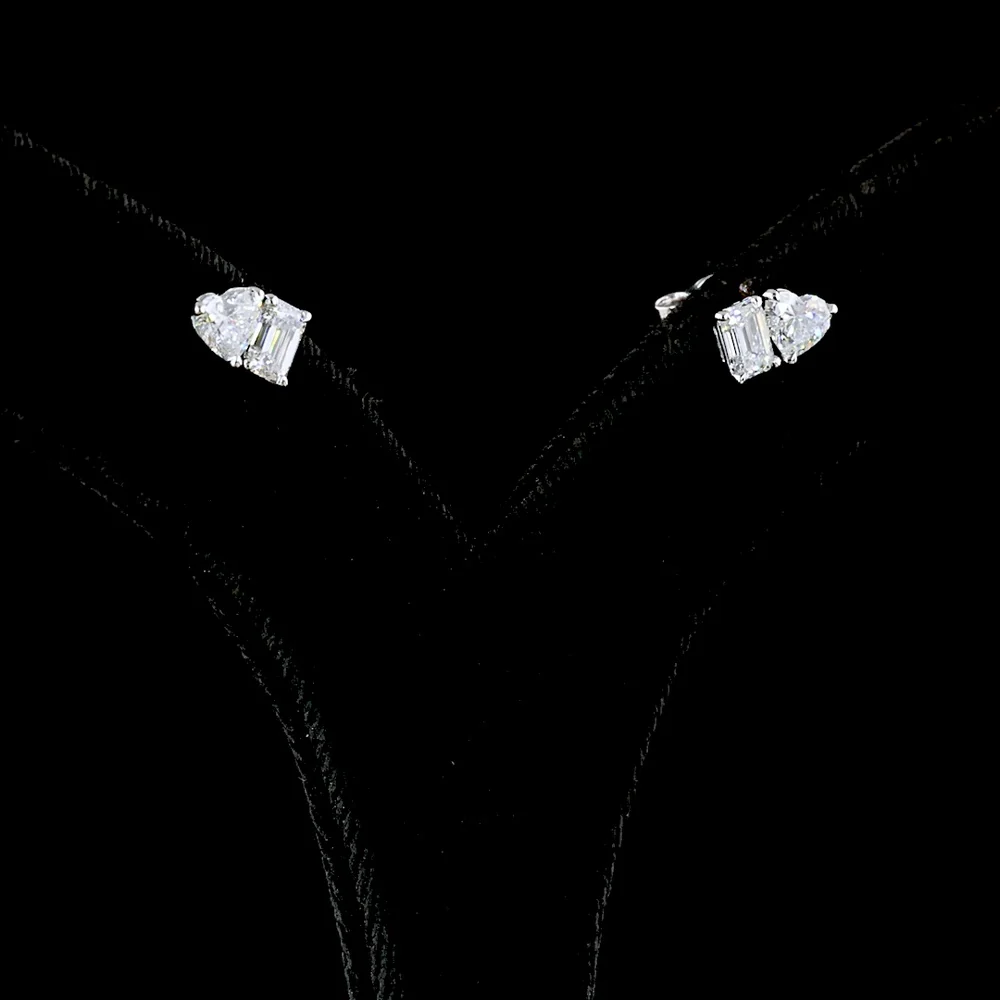 14K White Gold Mixed Shape Stud Earrings with Emerald Cut and Heart Shape Lab Diamonds - 1.54 Carats Total Diamond Weight - Covaloro Fine Jewelry - Image 3