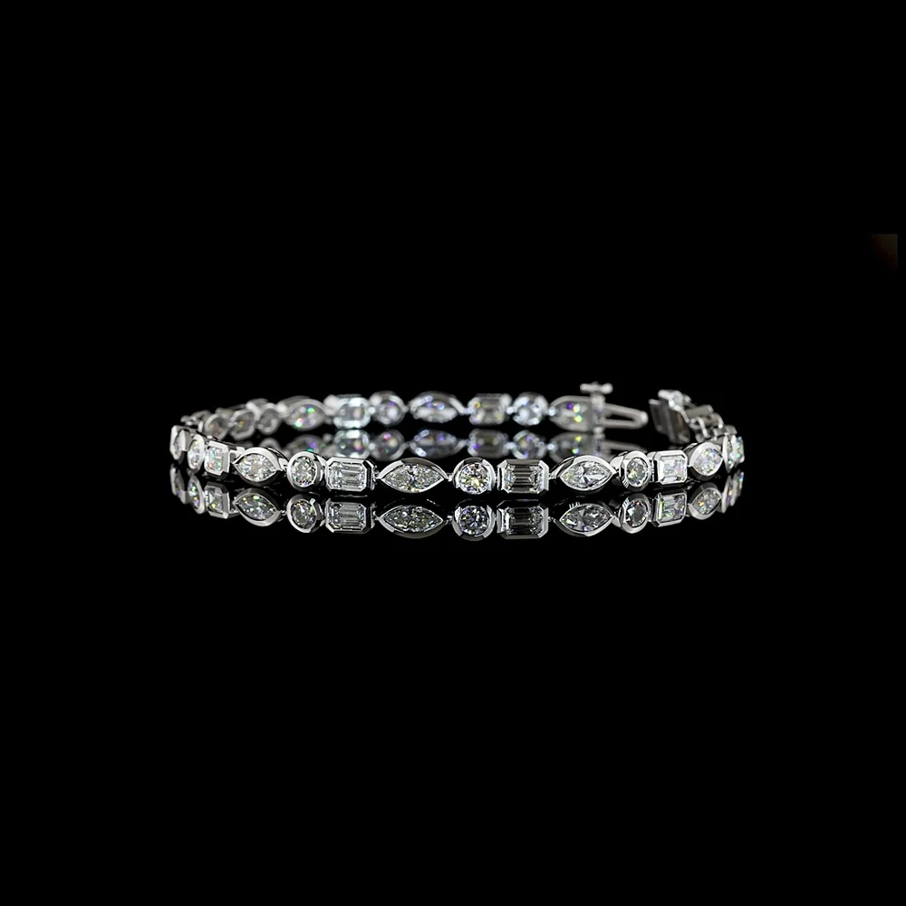 14K White Gold Mixed Shape Tennis Bracelet with Marquise, Round Brilliant, and Emerald Cut Lab Diamonds - 5.66 Carat Total Weight - Covaloro Fine Jewelry