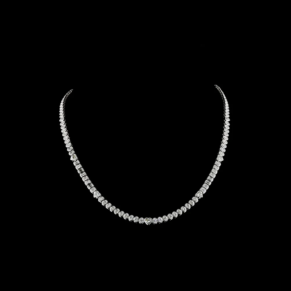 14K White Gold Mixed Shape Tennis Necklace with Heart Center Stone and Oval Cut Lab Diamonds - 7.95 Carats Total Diamond Weight - Covaloro Fine Jewelry