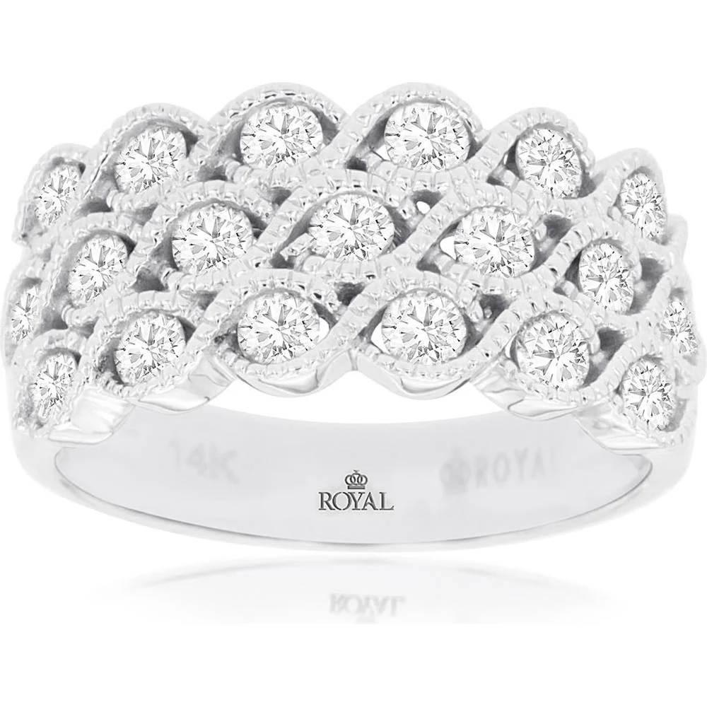 14K White Gold Multi-Row Diamond Wedding Band with Round Brilliant Diamonds - 1.12 Carat Total Diamond Weight - Royal Jewelry