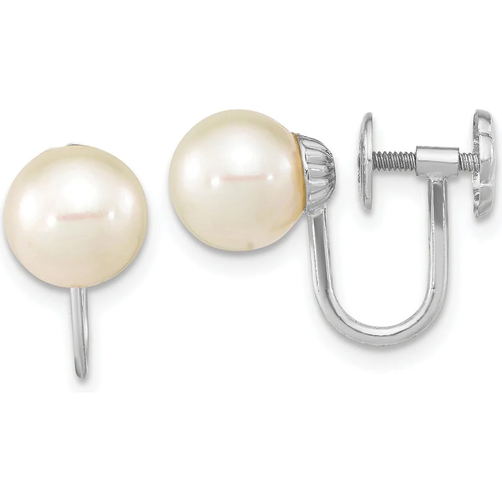 14K White Gold Non-Pierced Drop Earrings with 7-8mm Round Freshwater Cultured Pearls by Monteluci Fine Jewelry