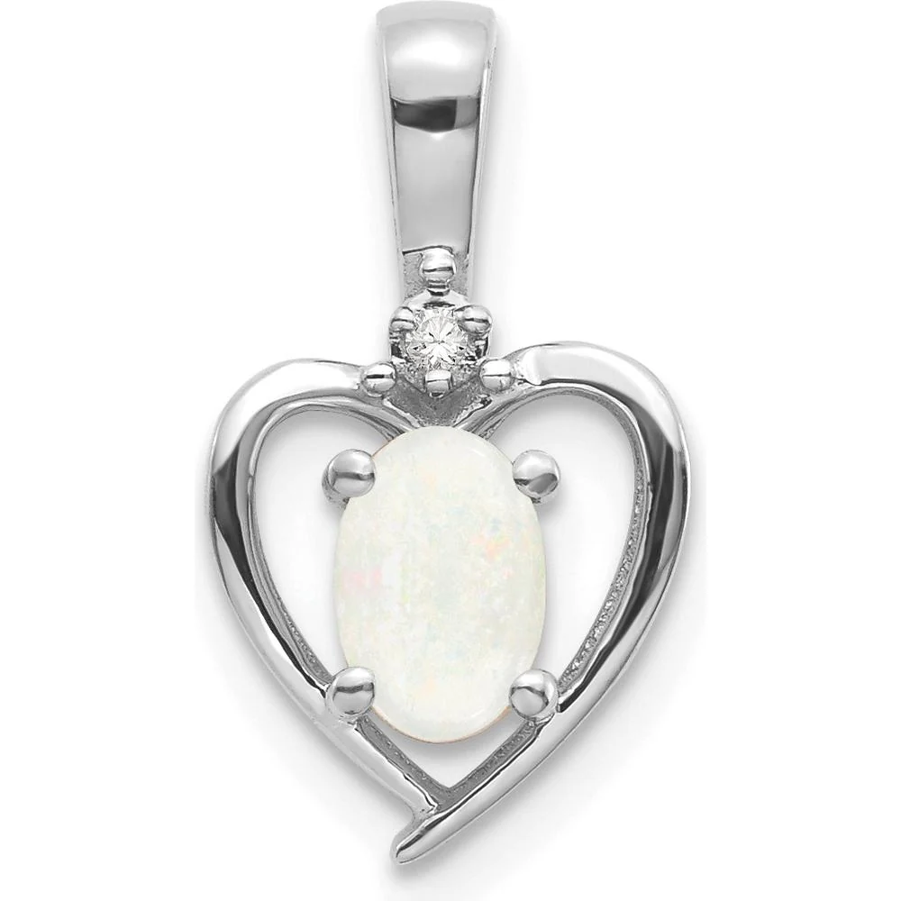 14K White Gold Opal and Diamond Heart Pendant - 0.55 Carat Opal, 0.007 Carat Diamond by Oro Pregiato