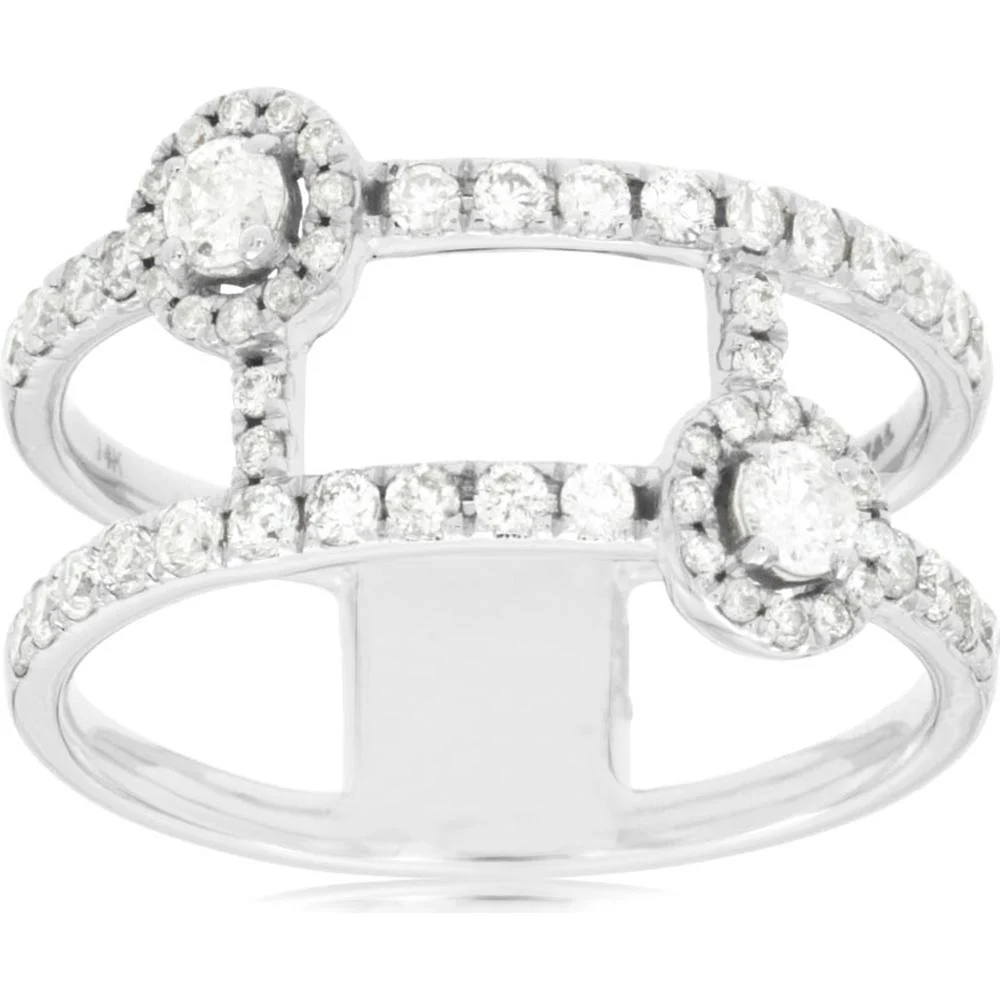 14K White Gold Openwork Multi-Row Diamond Wedding Band with Halo-Set Round Brilliant Cut Diamonds - 0.73 Carat Total Diamond Weight - Royal Jewelry