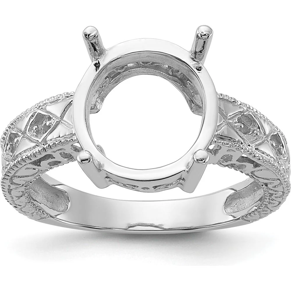14K White Gold Oval 12x10mm Ring Mounting with 0.02 Carat Diamond Accents and Milgrain Detail - Size 6 by Monteluci Fine Jewelry