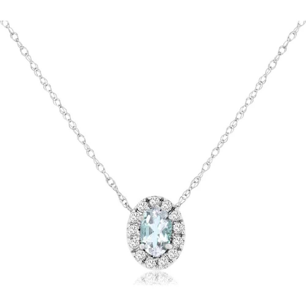 14K White Gold Oval Aquamarine and Diamond Halo Pendant Necklace - 0.20 Carat Aquamarine, 0.10 Carat Diamond Total Weight - Royal Jewelry