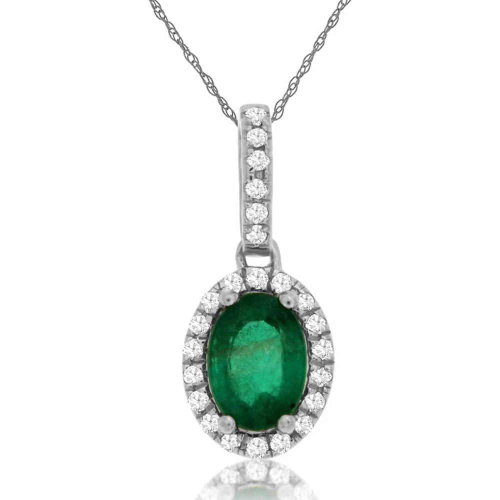 14K White Gold Oval Emerald and Diamond Halo Pendant Necklace - 0.70 Carat Emerald and 0.12 Carat Total Diamond Weight - Royal Jewelry