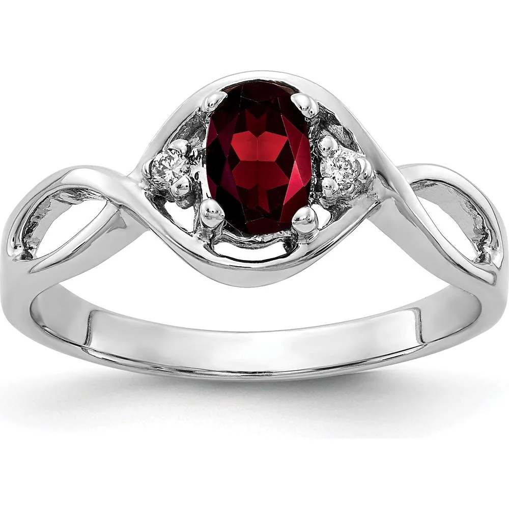 14K White Gold Oval Garnet and Round Diamond Ring - 0.60 Carat Garnet Weight, 0.012 Carat Total Diamond Weight - Size 6 by Monteluci Fine Jewelry