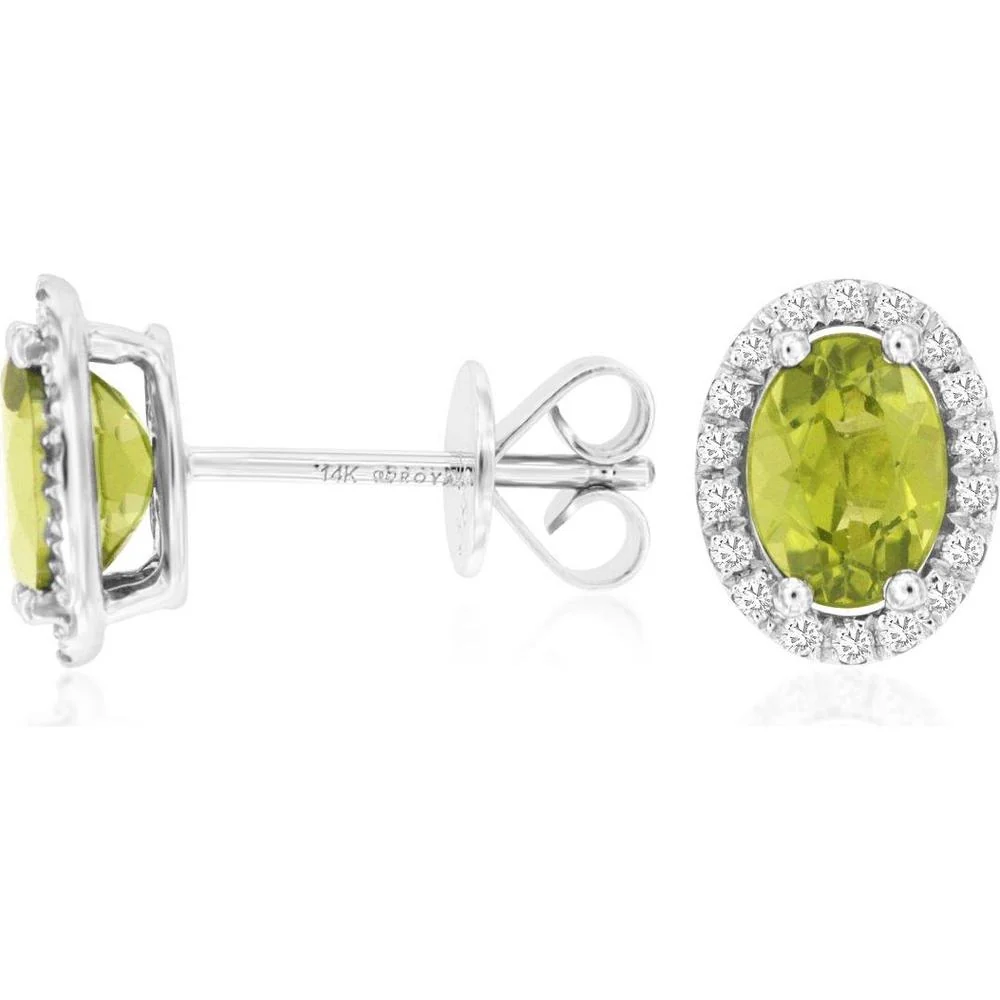 14K White Gold Oval Peridot and Diamond Halo Stud Earrings - 1.80 Carats Total Peridot Weight - Royal Jewelry