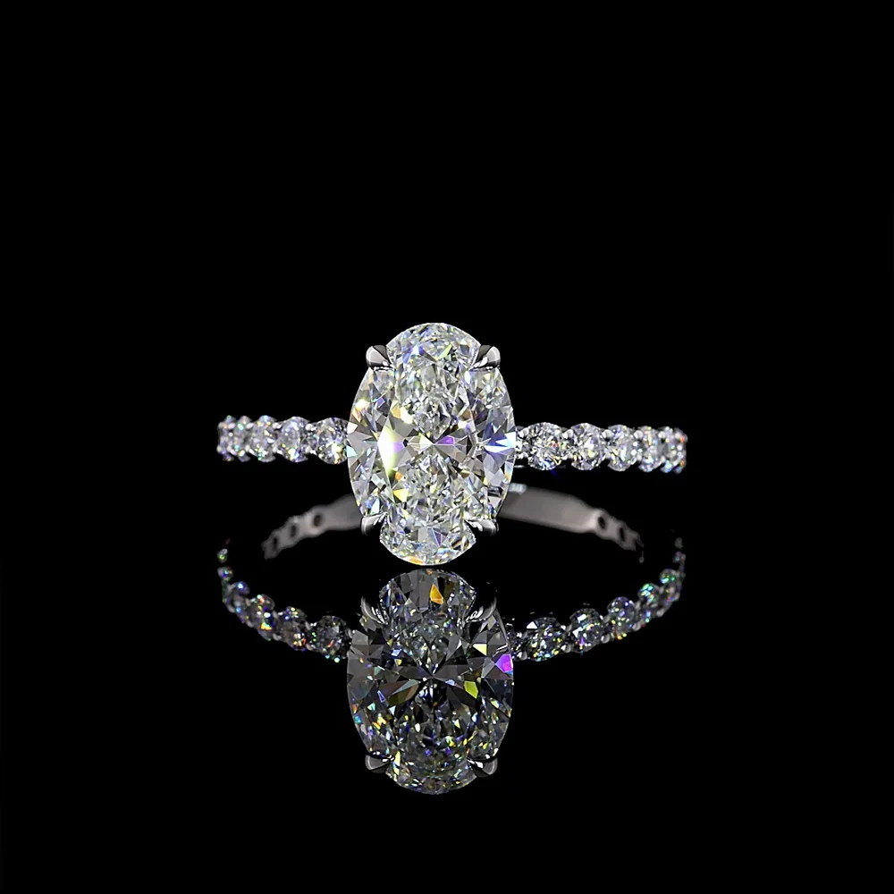 14K White Gold Oval Solitaire Diamond Shank Ring with 2.01 Carat Oval D VVS2 Center and 0.66 Carat Round Brilliant Cut E VS1 Side Diamonds - 2.67 Total Carat Weight - Covaloro Fine Jewelry