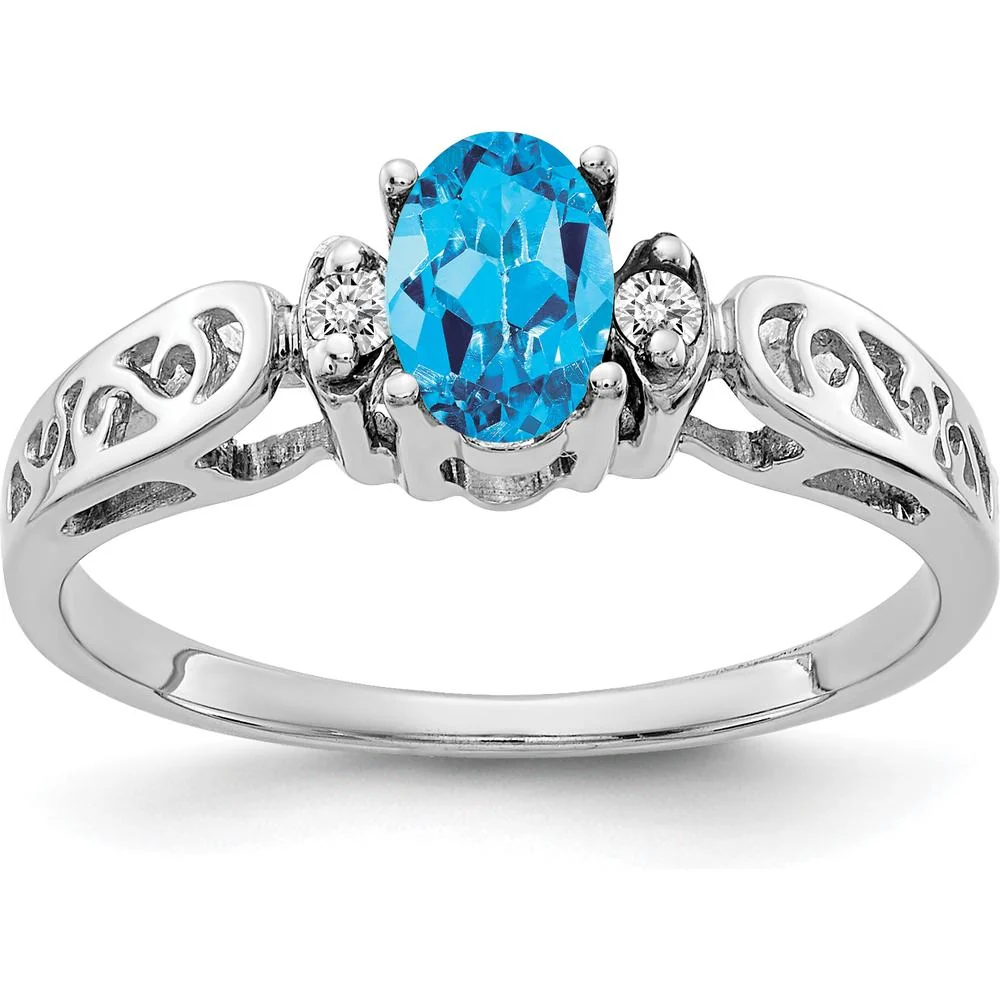 14K White Gold Oval Swiss Blue Topaz & Diamond Ring - 0.55 Carat Topaz, 0.034 Carat Diamonds - Size 6 by Monteluci Fine Jewelry