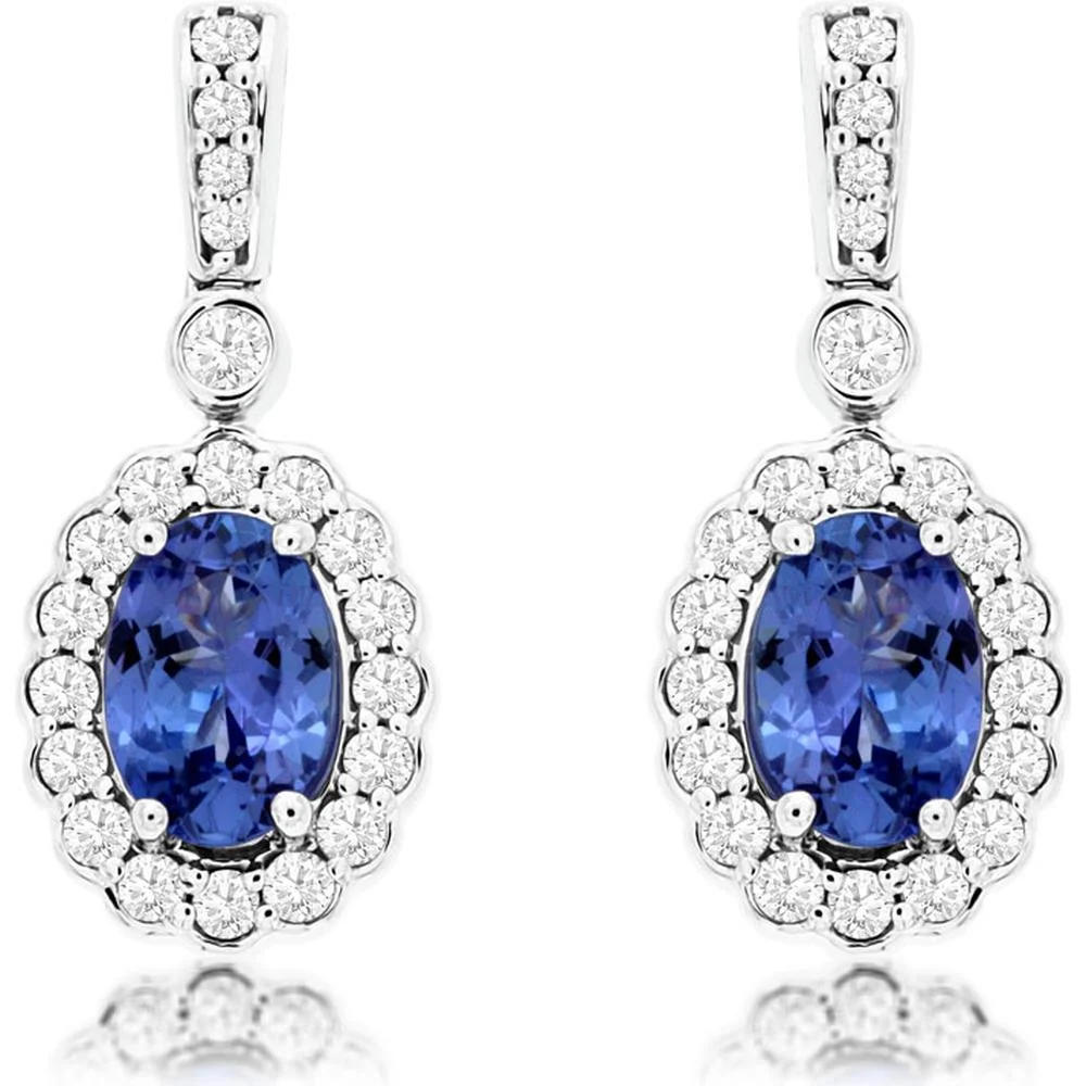 14K White Gold Oval Tanzanite and Diamond Halo Drop Earrings with Milgrain Detail - 1.00 Carat Total Tanzanite Weight, 0.33 Carat Total Diamond Weight - Royal Jewelry